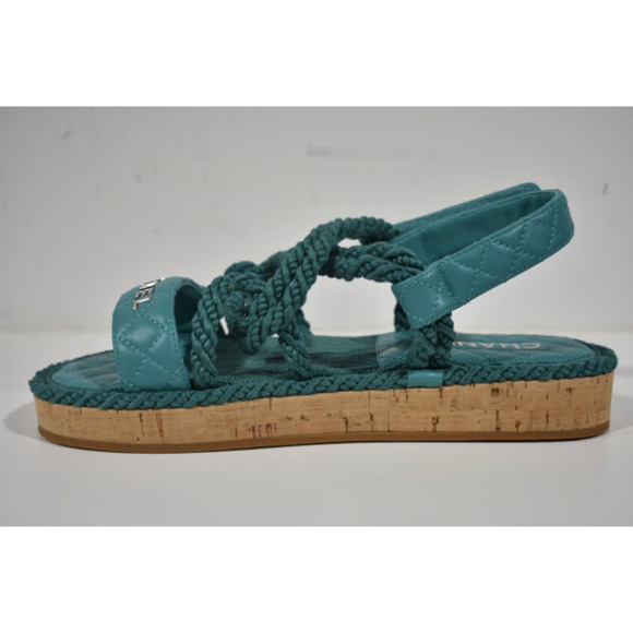 Chanel 21S Dad Green Blue Cord Rope CC Quilted Mule Ankle Strap Sandal Flat 40 - Picture 6 of 12